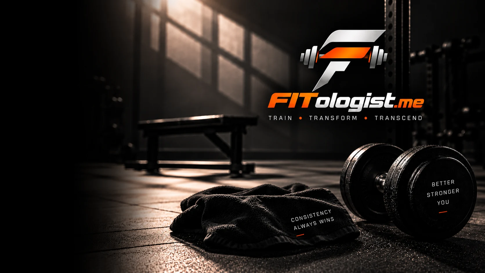 FITologist.me brand visual: the logo above a dumbbell and towel on a dark gym floor