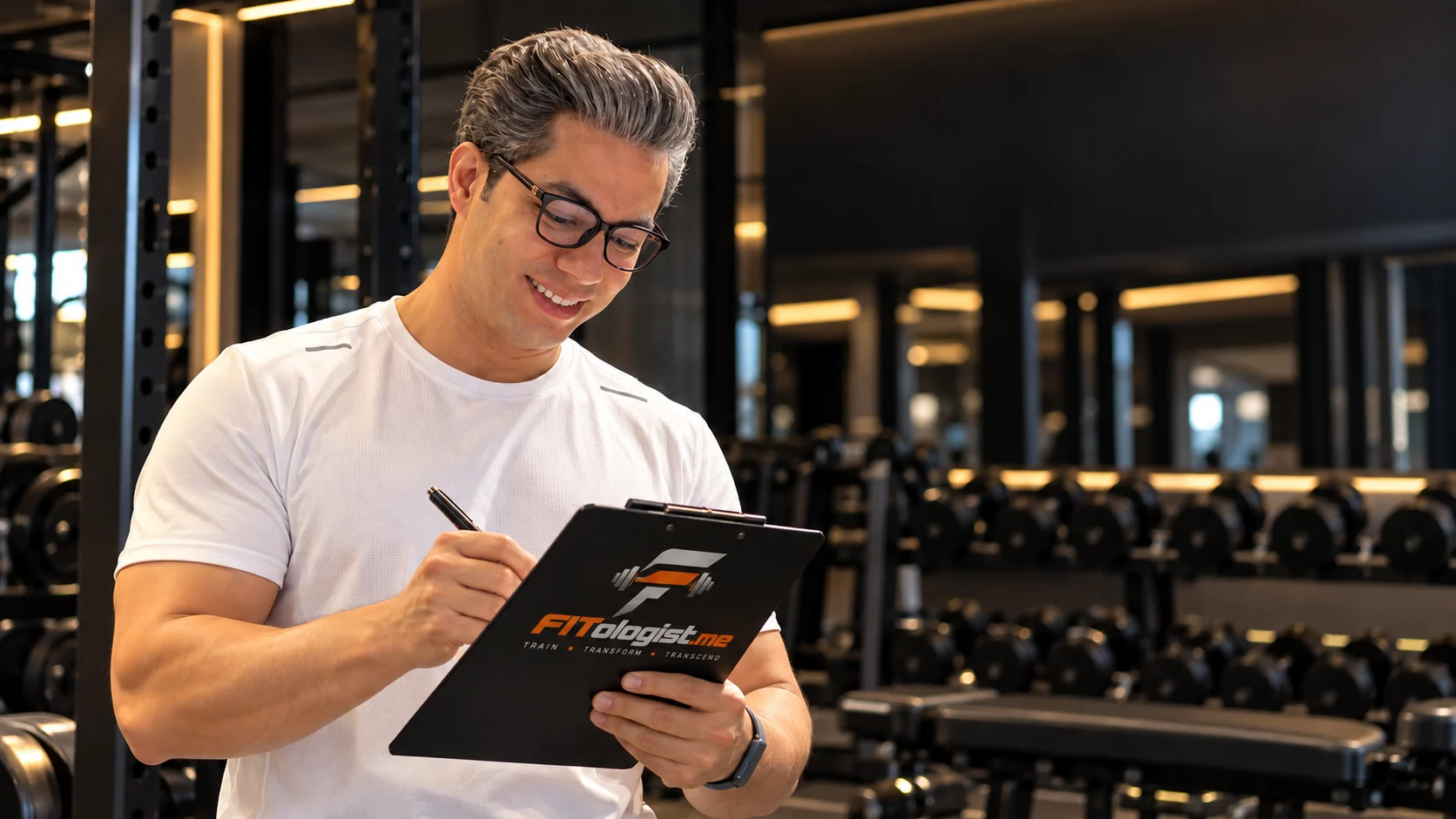 Saeid, personal trainer, writing a training plan on a FITologist clipboard in a gym
